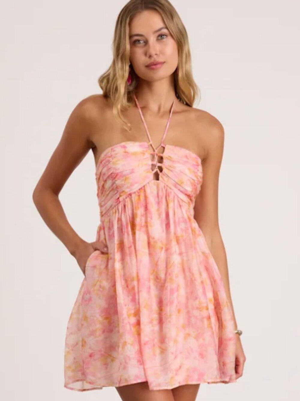 Lulus Pink and Orange Floral Print Halter Lace-Up BabydollMini Dress NWT - Small